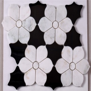 HSC62 Smukt sort / hvidt flisebadeværelse med blomstermarmor Mosaikgulvflise og vægflise