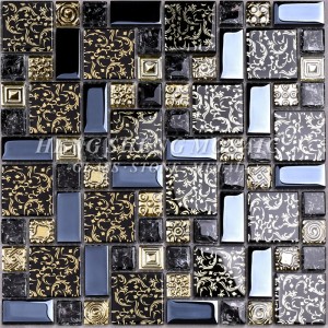 HDT02 Arabesque New Design Guld linje Lamineret sort glas kunst Blomster Mosaik mønster fliser til køkken Backsplash væg